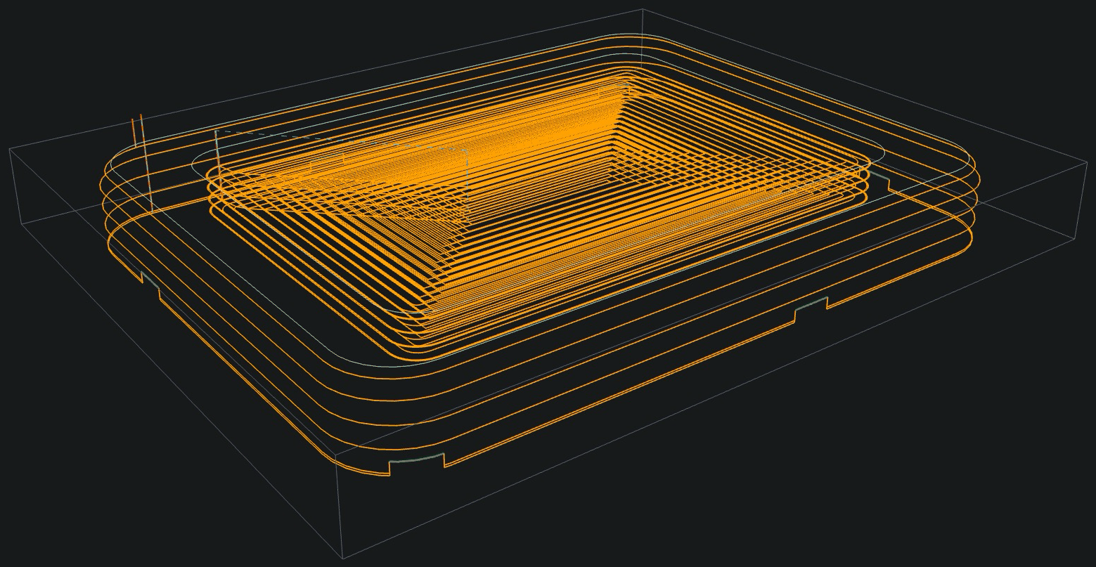 A two-operation job drawn in three dimensions inside its stock: concentric loops clearing a pocket at several depths, a profile running round the part with holding tabs where the path steps up over them, and vertical plunges at the left where the cutter enters.
